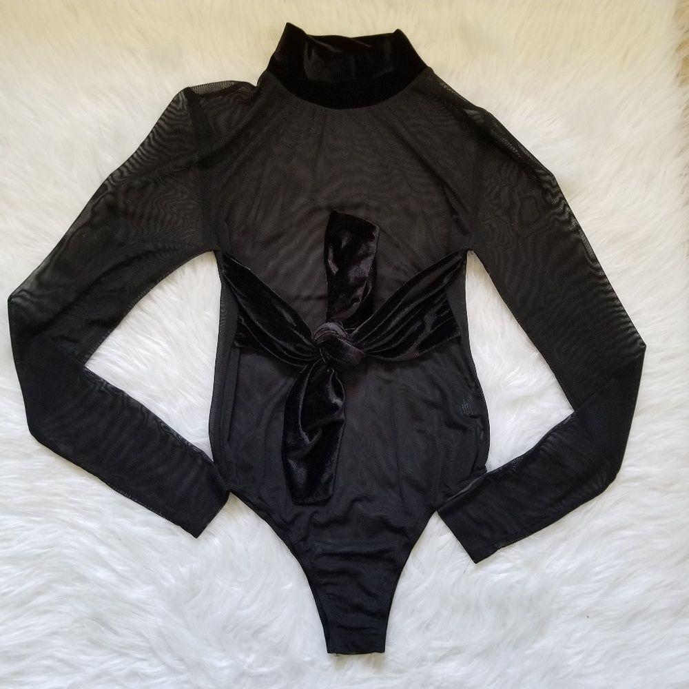 Etophe Studios Black Mesh Tie Velvet Bodysuit